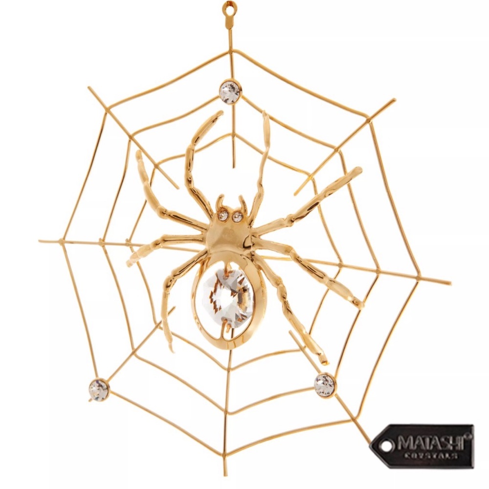 24K Gold Plated Crystal Studded Spider on Spider Web Ornament by Matashi
